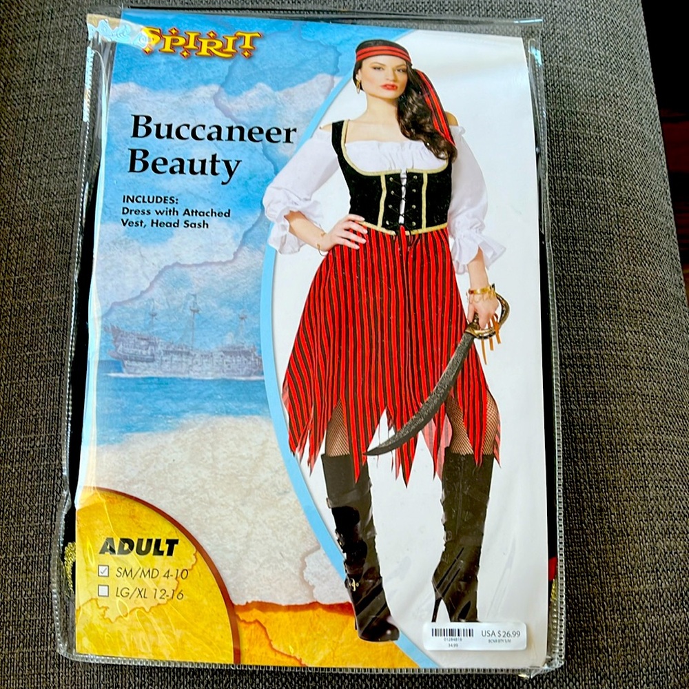 Buccaneer Beauty includes dress with attached vest, head sash